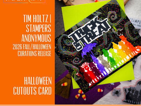 Orange promotional poster for The Paper Mint, featuring a colorful Halloween cutout card and text for Tim Holtz Stamper’s Anonymous release.
