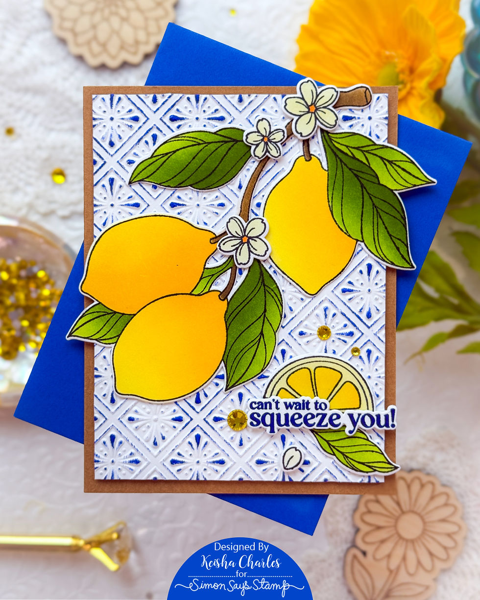 Lemon card with yellow lemons, green leaves, and flowers on embossed blue-and-white background; says cant wait to squeeze you!