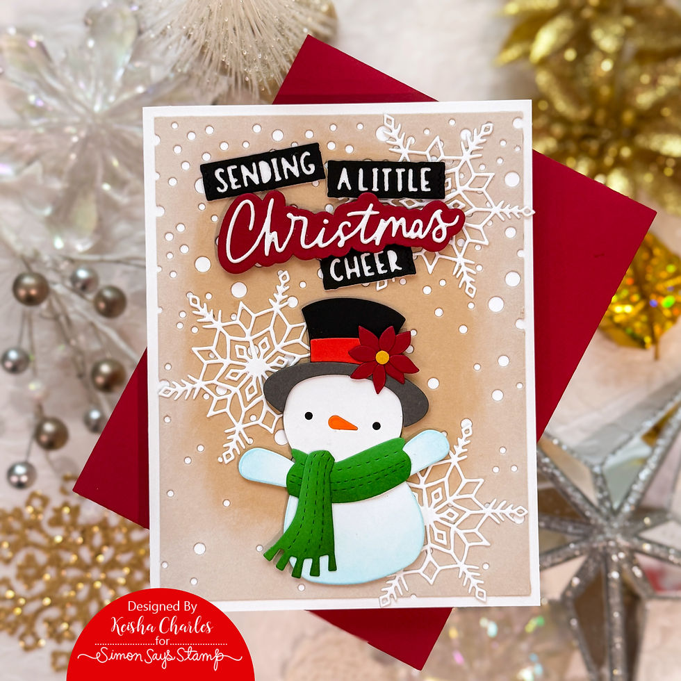 Christmas card featuring a die-cut snowman, snowflakes and a layered sentiment against a falling-snow background with white ink blended around the edges.