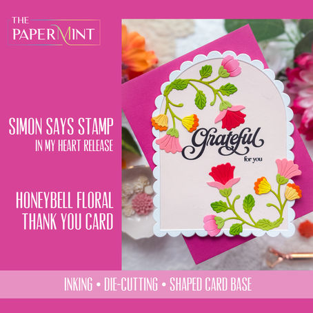 A floral thank-you card with scalloped edges, vibrant flowers, and "Grateful for you" text on a pink background. Surrounded by flowers.