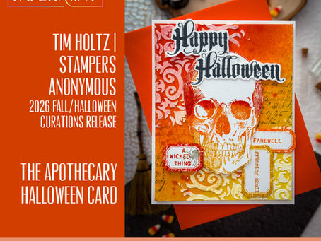 Halloween card with skull art and Happy Halloween text on an orange The Paper Mint poster for Tim Holtz Stamper's Anonymous