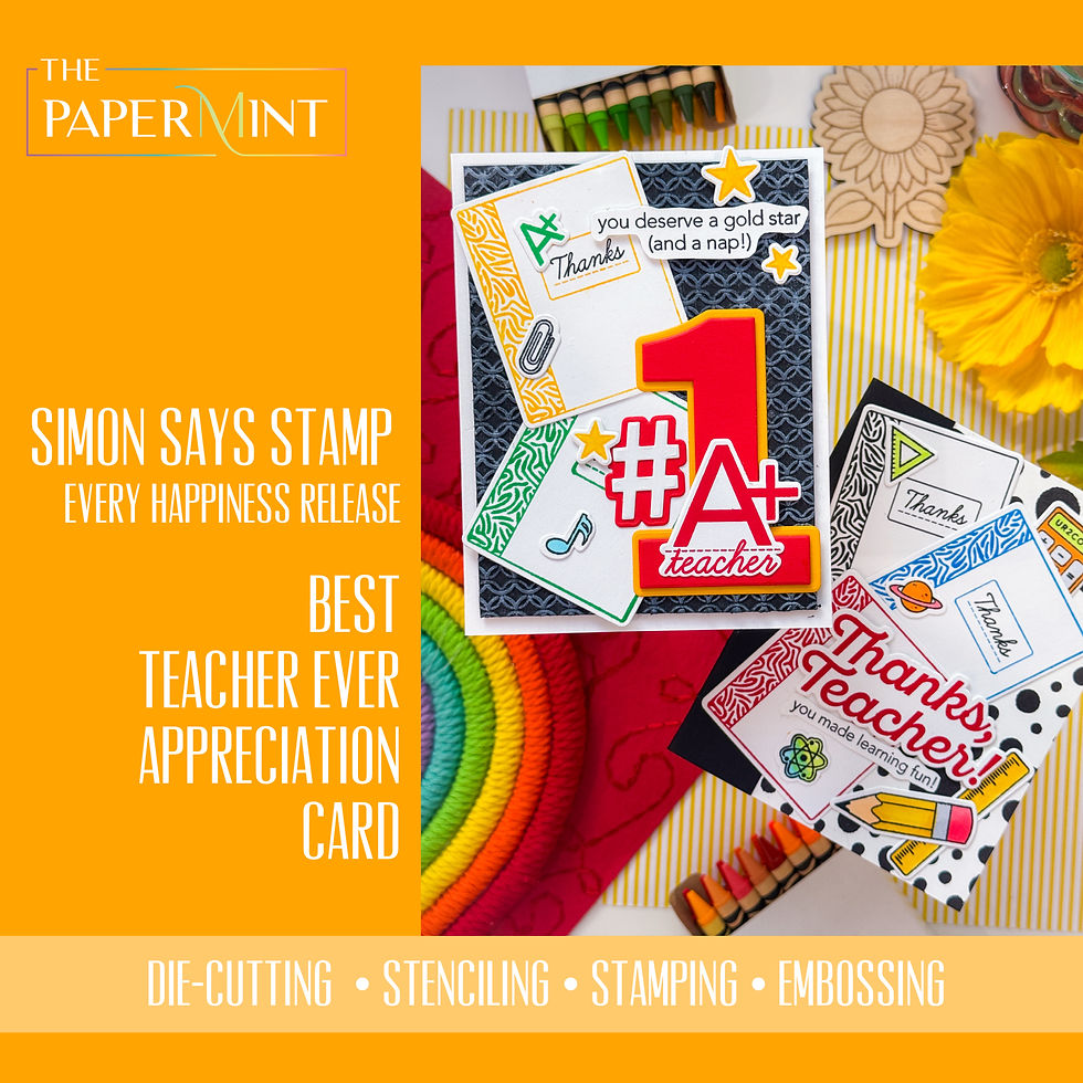 Bright promo for Simon Says Stamp teacher appreciation cards with handmade greeting cards, crayons, rainbow yarn, and a yellow flower.