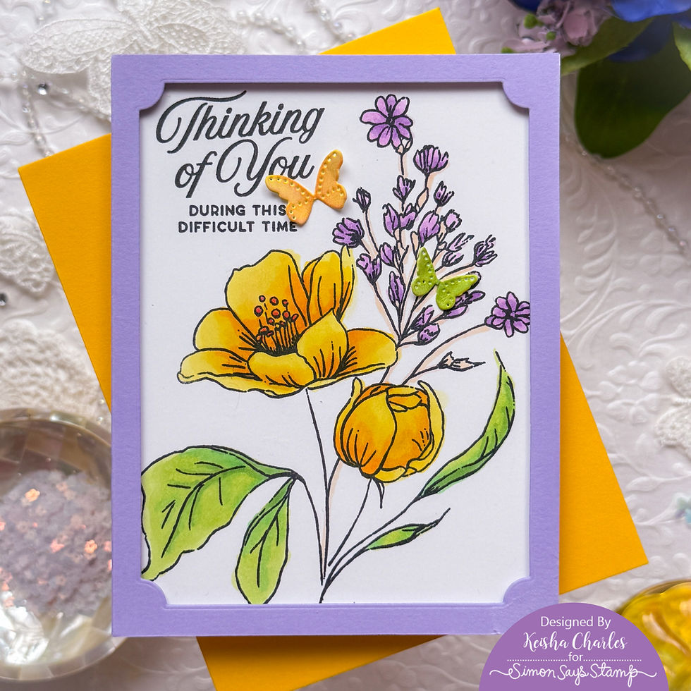 Purple-framed sympathy card with yellow and purple flowers and butterflies; text reads Thinking of You During This Difficult Time.