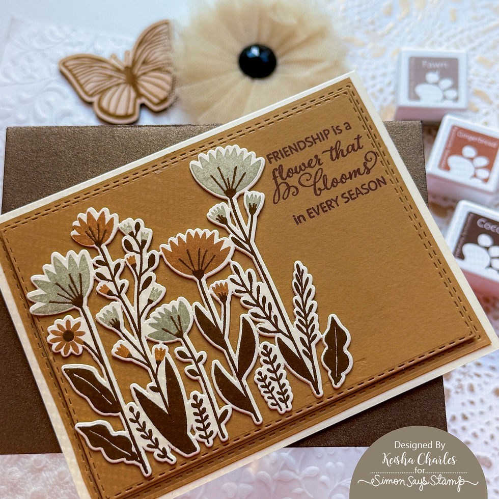 Handmade floral greeting card with brown and cream layered flowers, butterfly, and text: Friendship is a flower that blooms in every season.