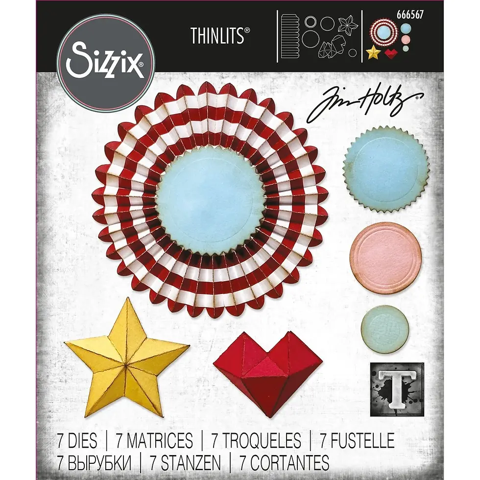 Sizzix Thinlits packaging featuring 3D paper die shapes: red-white rosette, yellow star, red heart. Text: "7 Dies" in multiple languages.