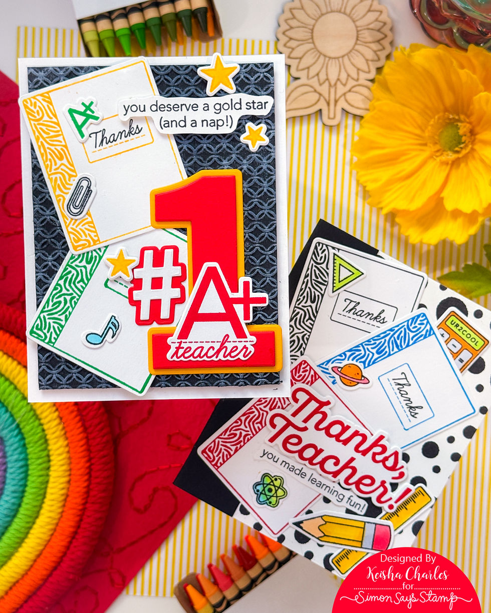 Colorful handmade thank-you teacher cards with stars, pencils, flowers, and bold text on a bright desk background