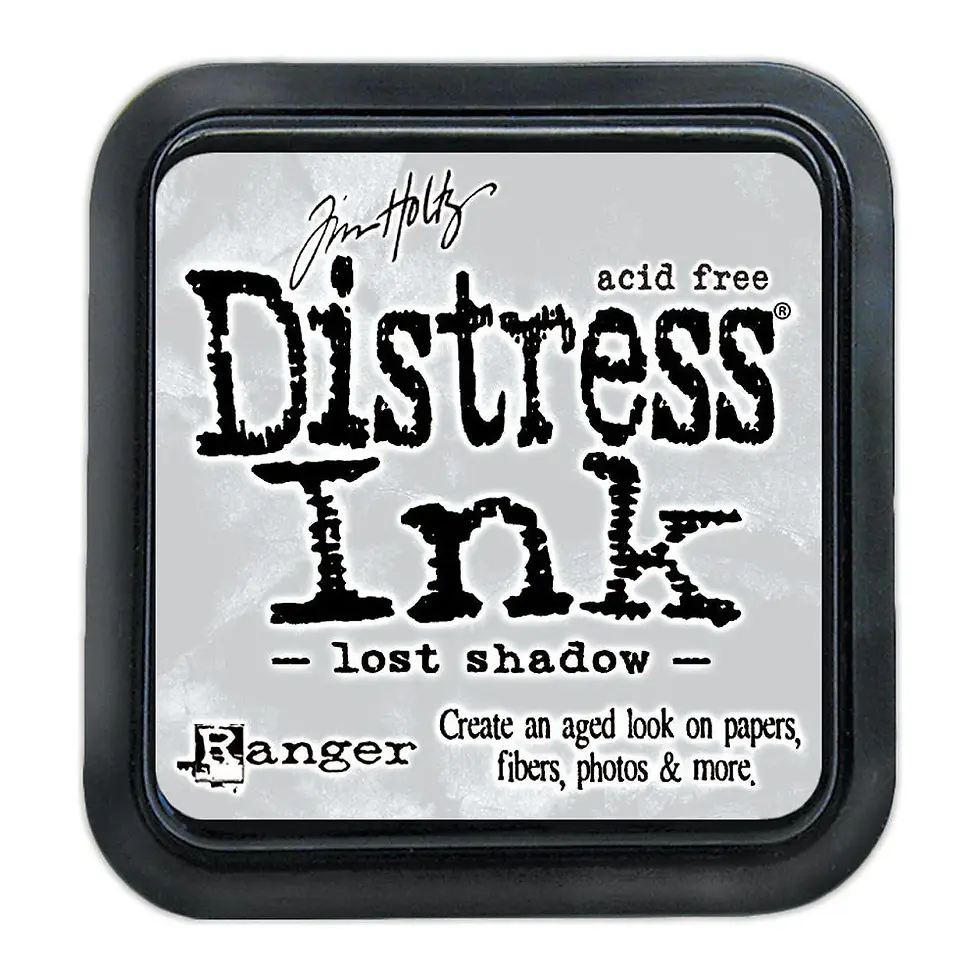 Square Distress Ink pad label by Tim Holtz and Ranger, black-and-gray packaging with Lost Shadow and aged-look text on white background.