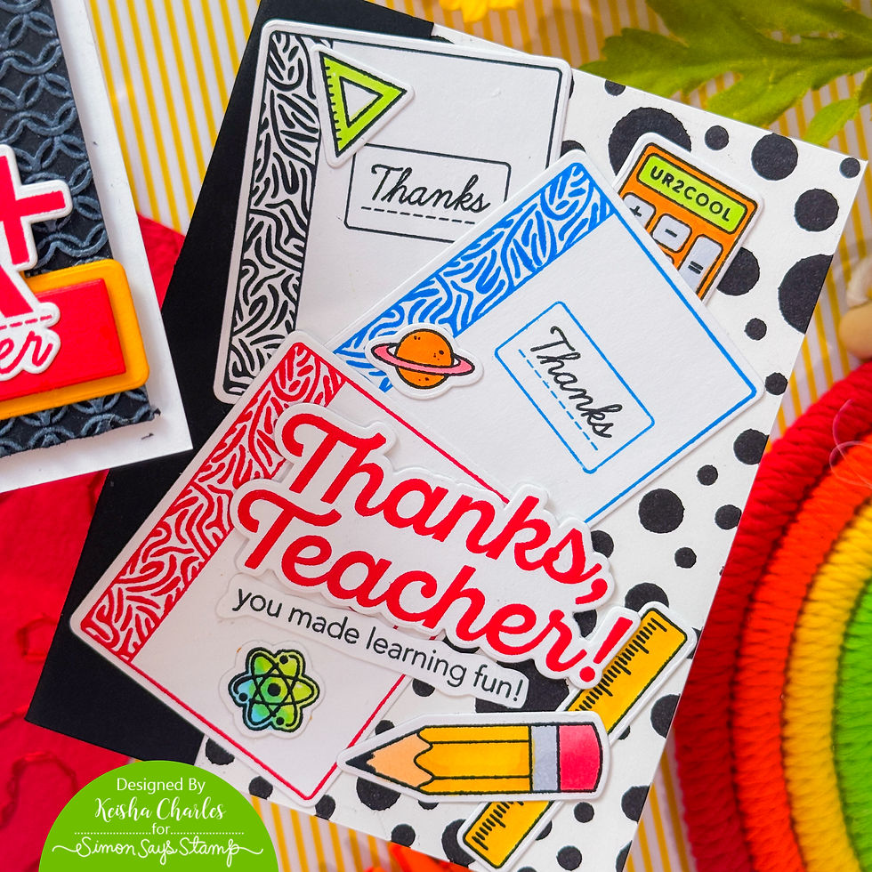 Handmade thank-you cards layered with bold patterns and school icons; text reads Thanks Teacher!, Thanks, and you made learning fun!