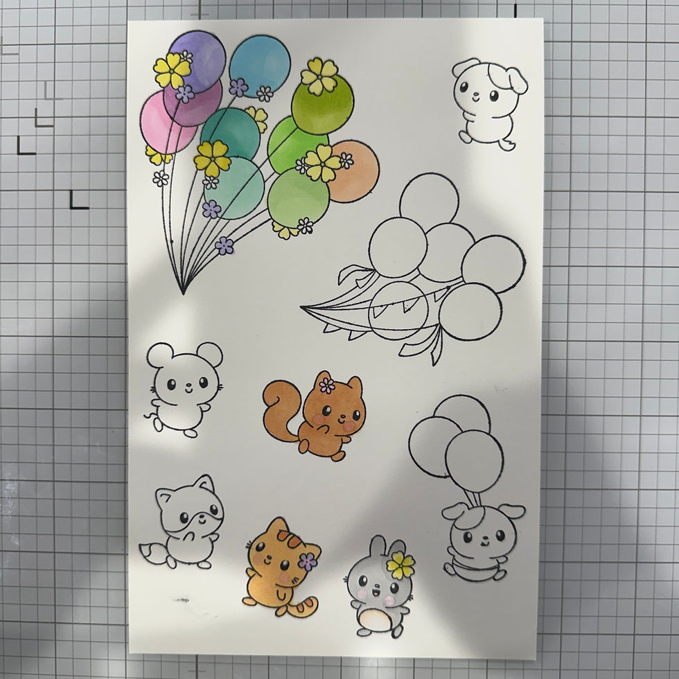 Coloring page with cute cartoon animals and balloon bouquets on a grid mat; one bouquet is brightly colored, others blank.