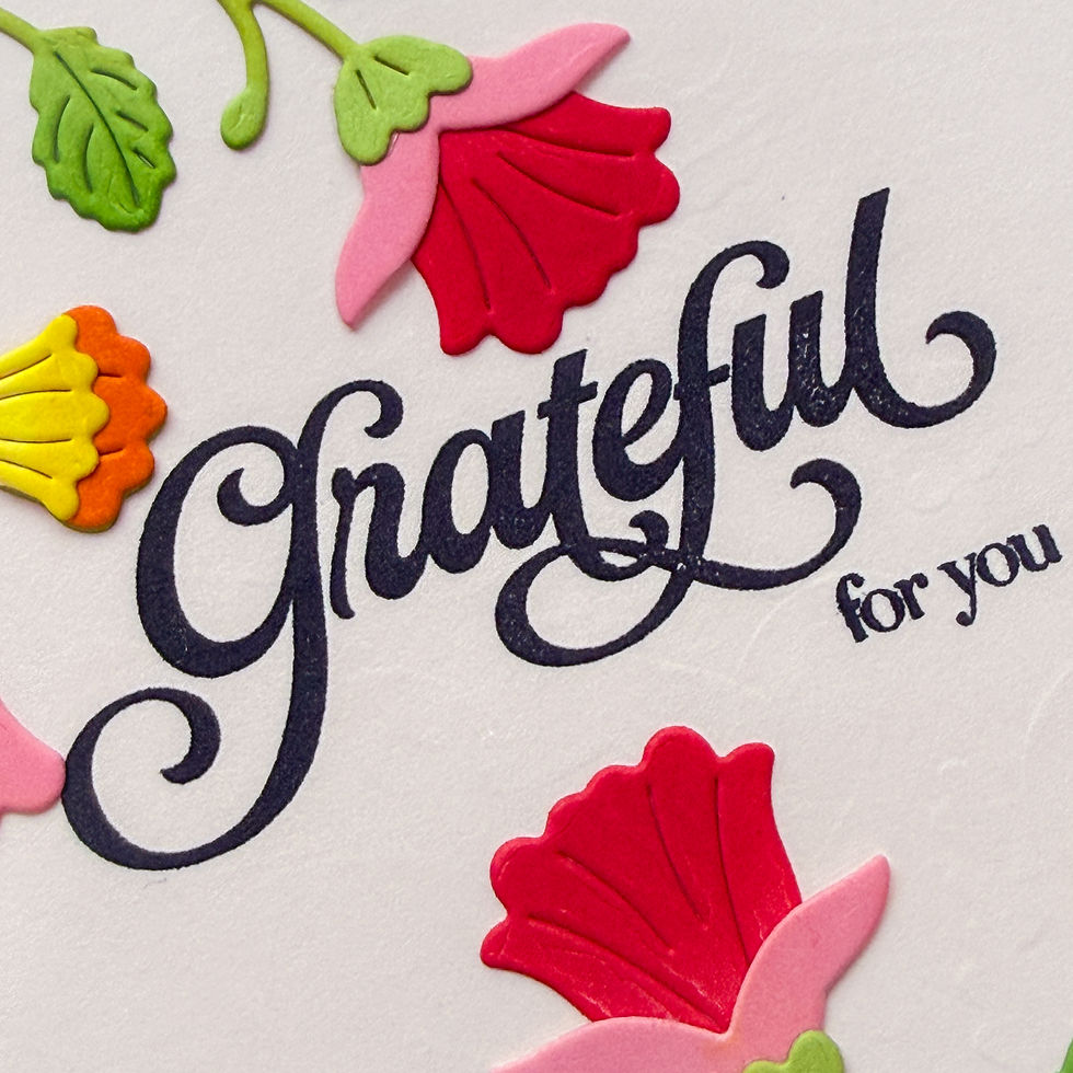 Colorful floral decorations surround the text "Grateful for you" in bold script on a light background, conveying appreciation.