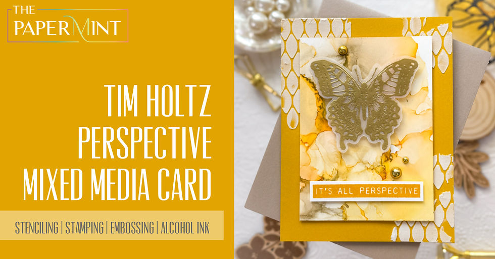 Mixed media card with embossed butterfly on yellow and white background. Text reads: "It's all perspective", with decorative pearls.