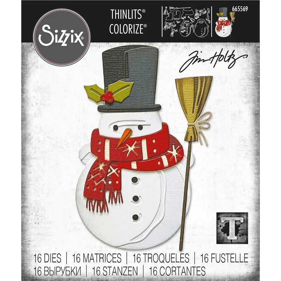 Snowman with top hat, red scarf, holding a broom. "Sizzix" and "Jim Holtz" text. Includes 16 dies in multiple languages. Holiday theme.