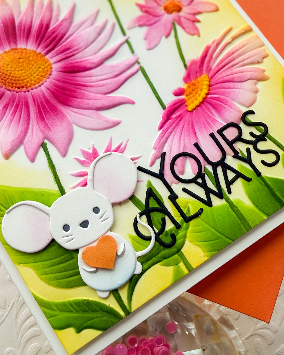 Cute mouse holding a heart on a pink flower card with butterflies and bold text Your Always.