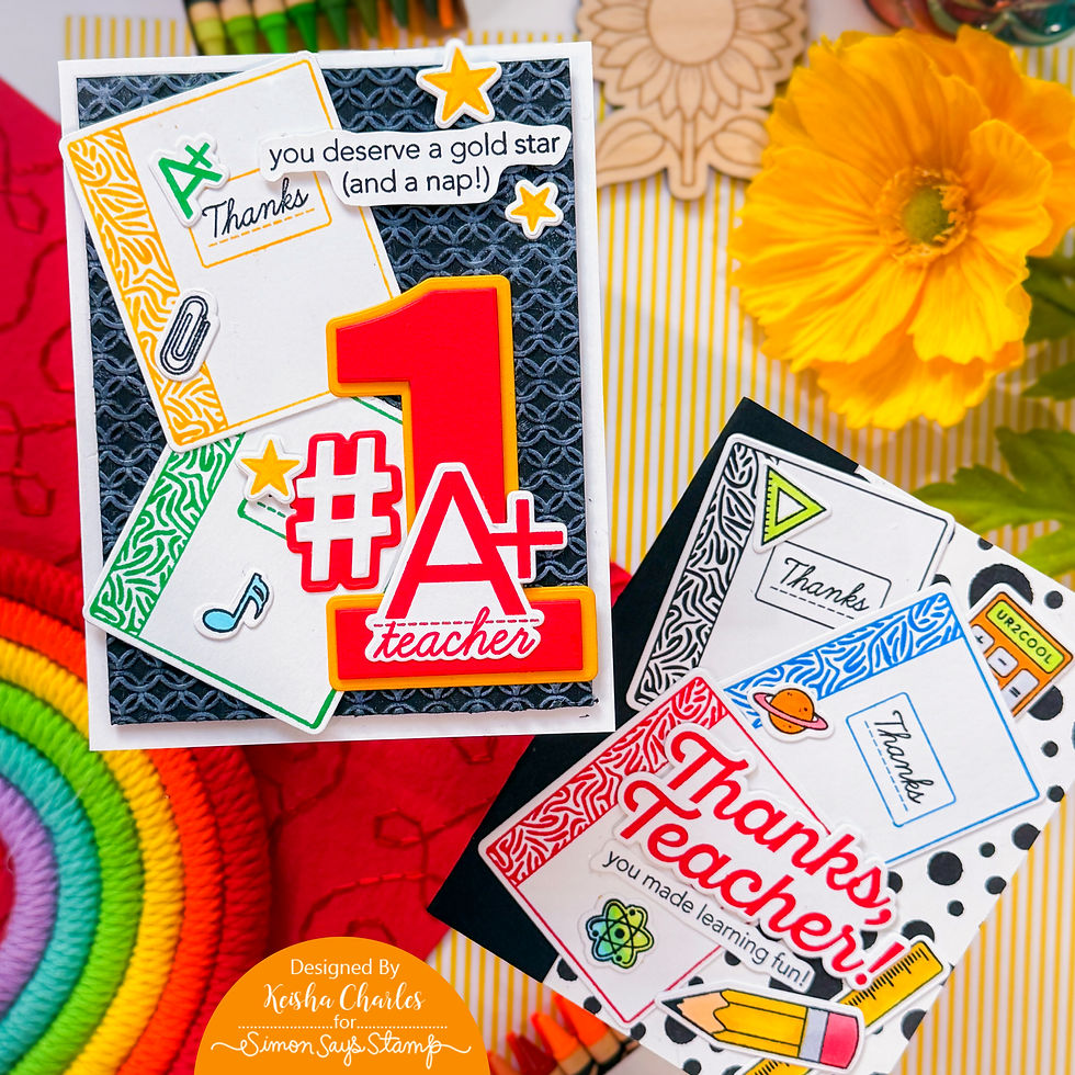 Colorful handmade thank-you cards for teachers with a large 1, Thanks teacher text, yellow flower, and rainbow craft supplies.