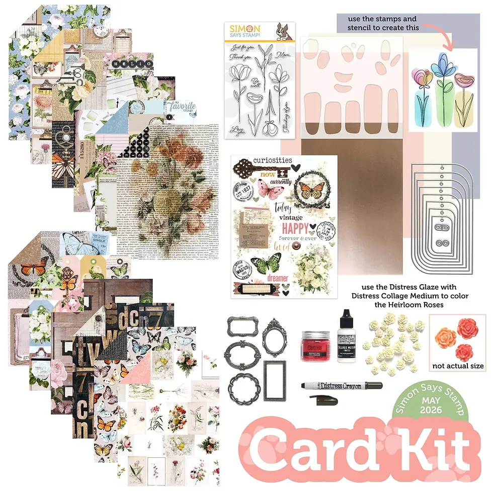 Card kit with floral papers, stamps, and embellishments. Features Simon Says Stamp branding. Includes instructions and crafting tools.