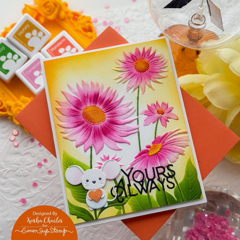 Handmade floral card with pink daisies, a tiny mouse holding a heart, and text Yours Always on layered orange and white background