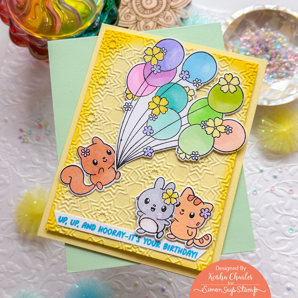 Cute birthday card with squirrels and pastel balloons on a yellow embossed background; text says Up, up and hooray-it’s your birthday!