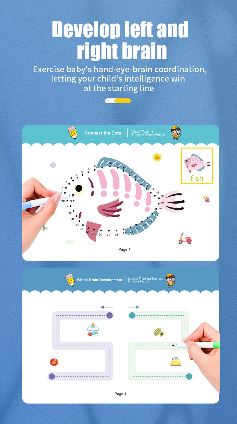Thumbnail: 34-Page Children's Reusable Workbook Set with Erasable Pen - Early Learning of W