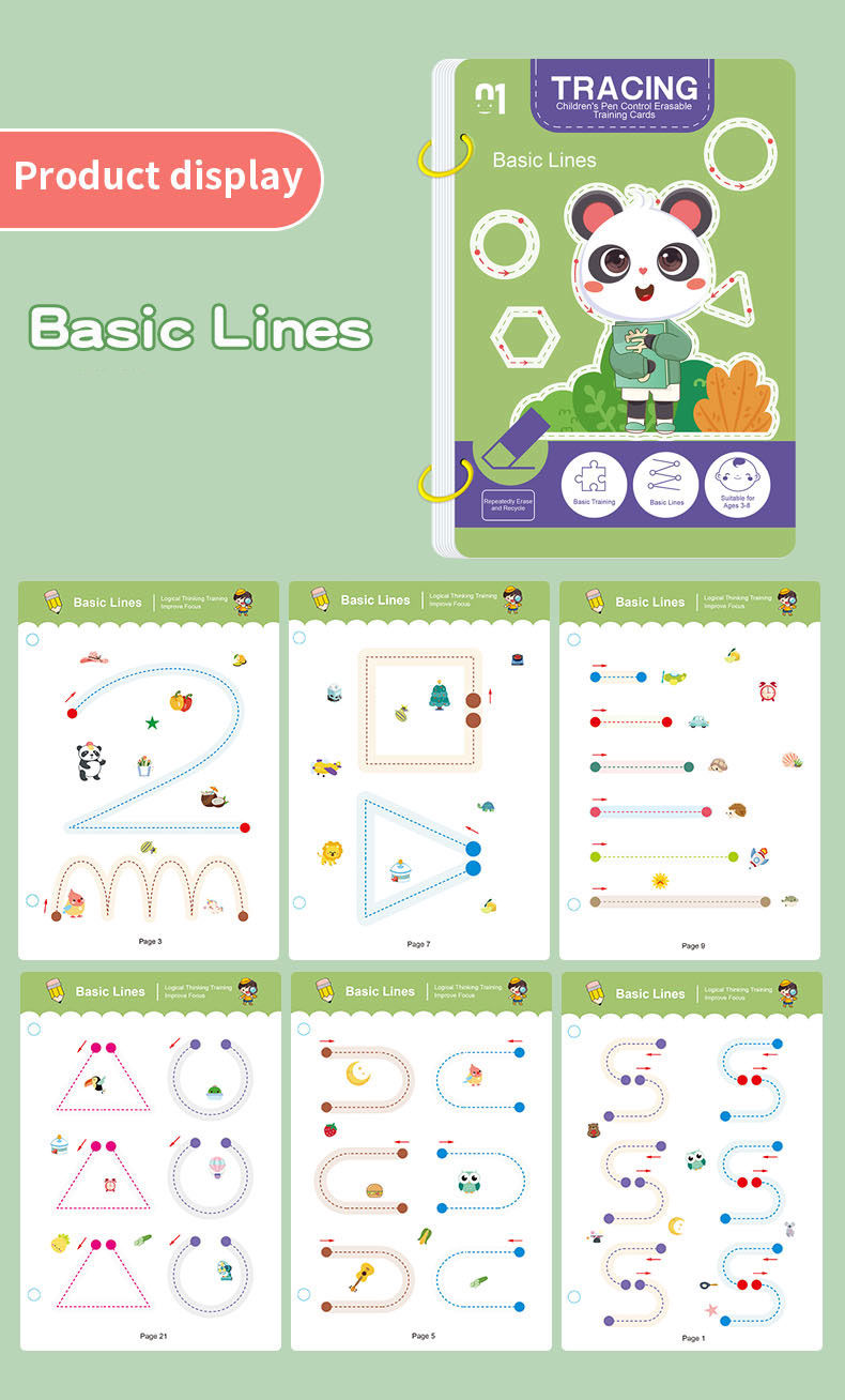 Thumbnail: 34-Page Children's Reusable Workbook Set with Erasable Pen - Early Learning of W