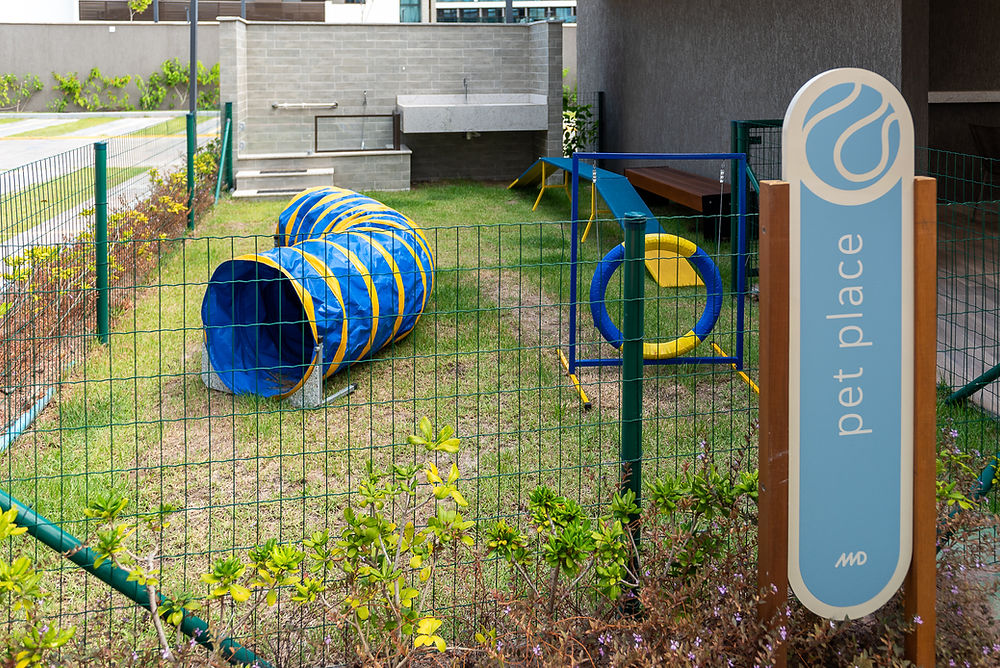 Pet place with a blue tunnel and agility hoop