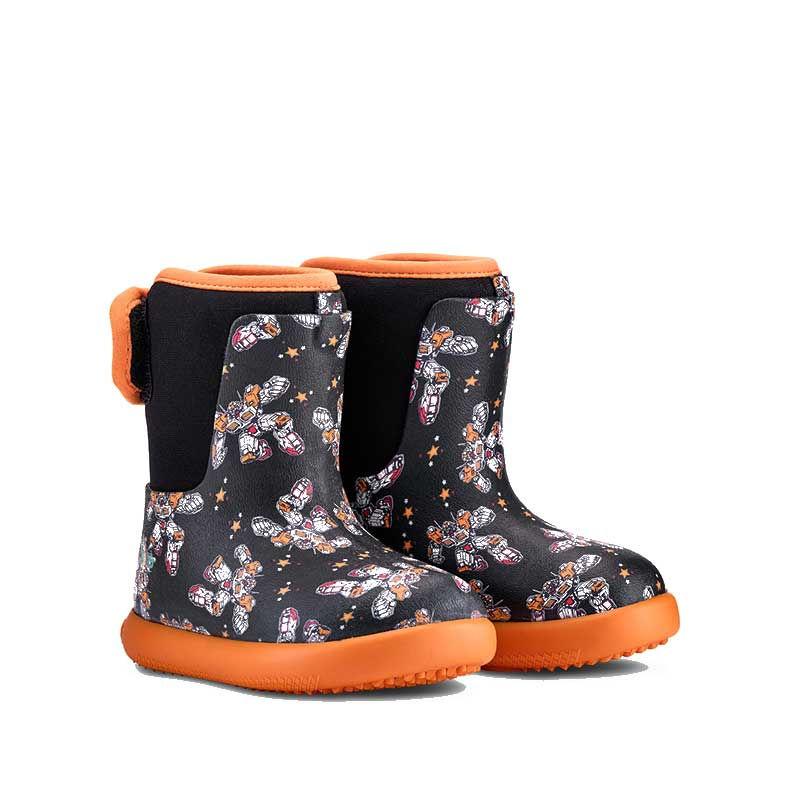 Muddies Splish 4.0 Boys Barefoot Wellington in Black Orange Transformers Print