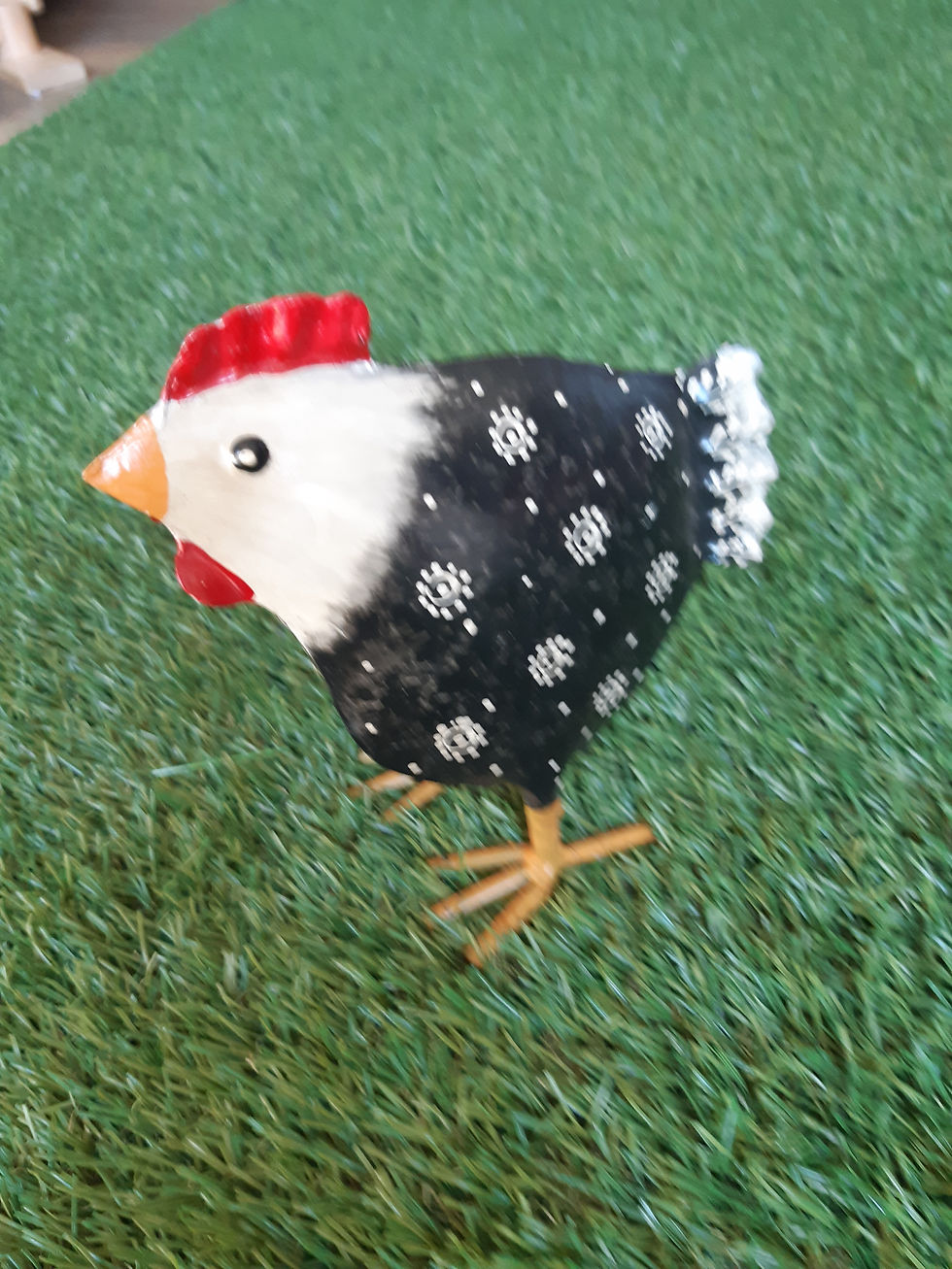 Metall Deko Huhn  22cm gau mit weissem Muster