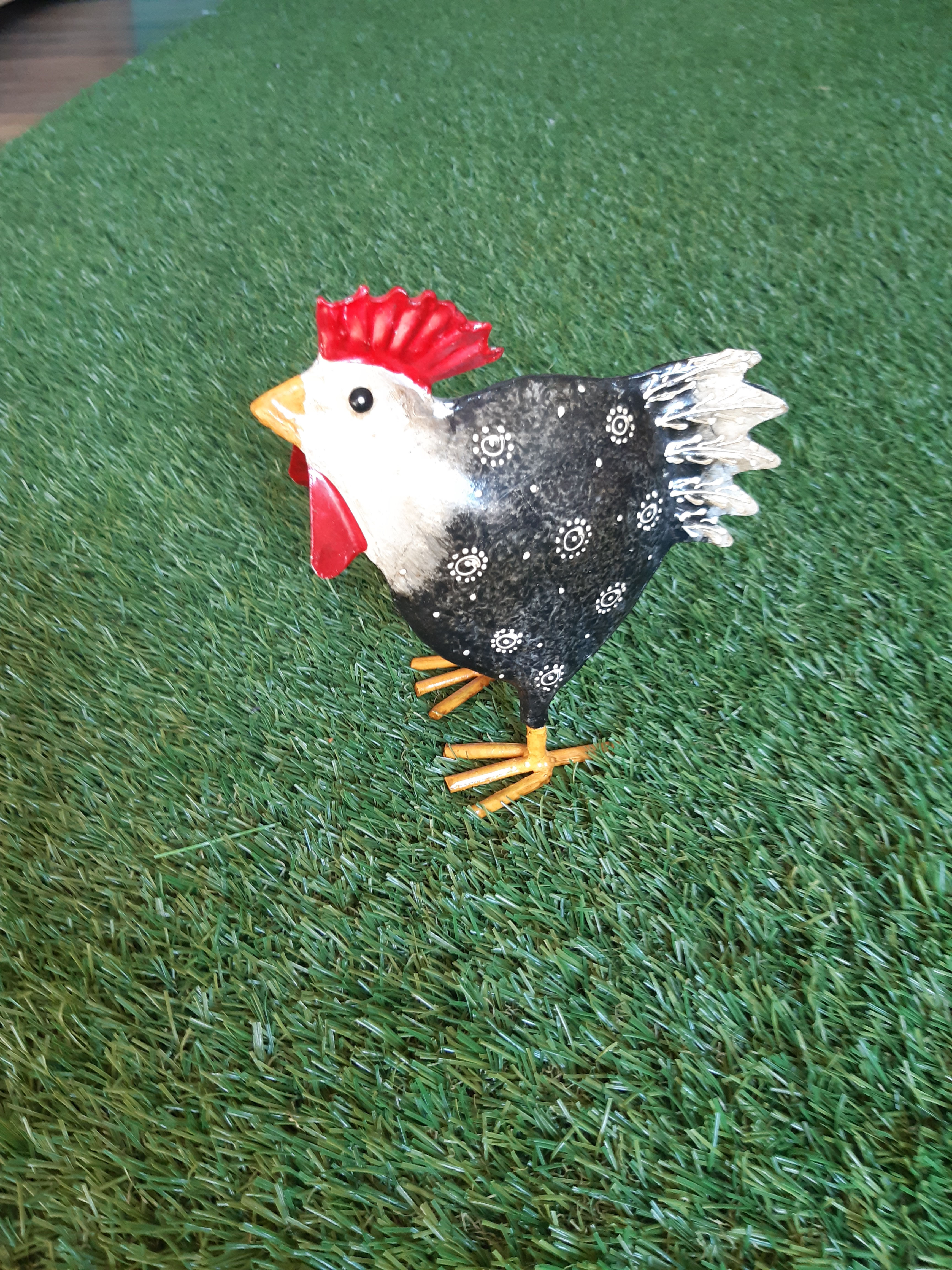 Metall Deko Hahn 22cm grau mit weissem Muster