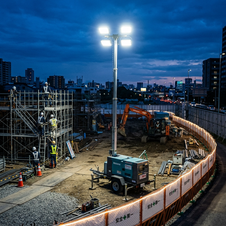 夜間工事現場を明るく照らす、投光器や仮設用LEDライン照明。