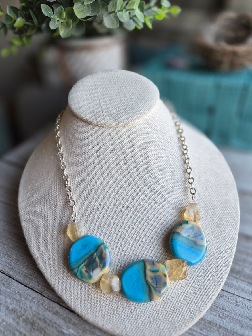 Thumbnail: Turquoise Lampwork and Citrine Bead Necklace