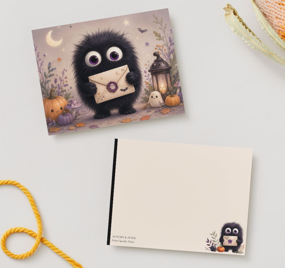 Notecard back and front featuring a cute fuzzy black monster holding a sealed envelope, surrounded by pumpkins and lantern.