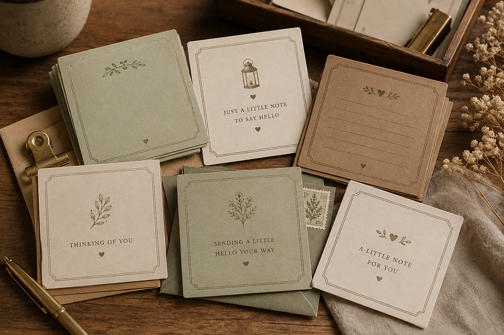 Stacked green and griege note cards on a wooden desk, with sayings like Thinking of You and Just a Little Note to Say Hello, plus pen and flowers.