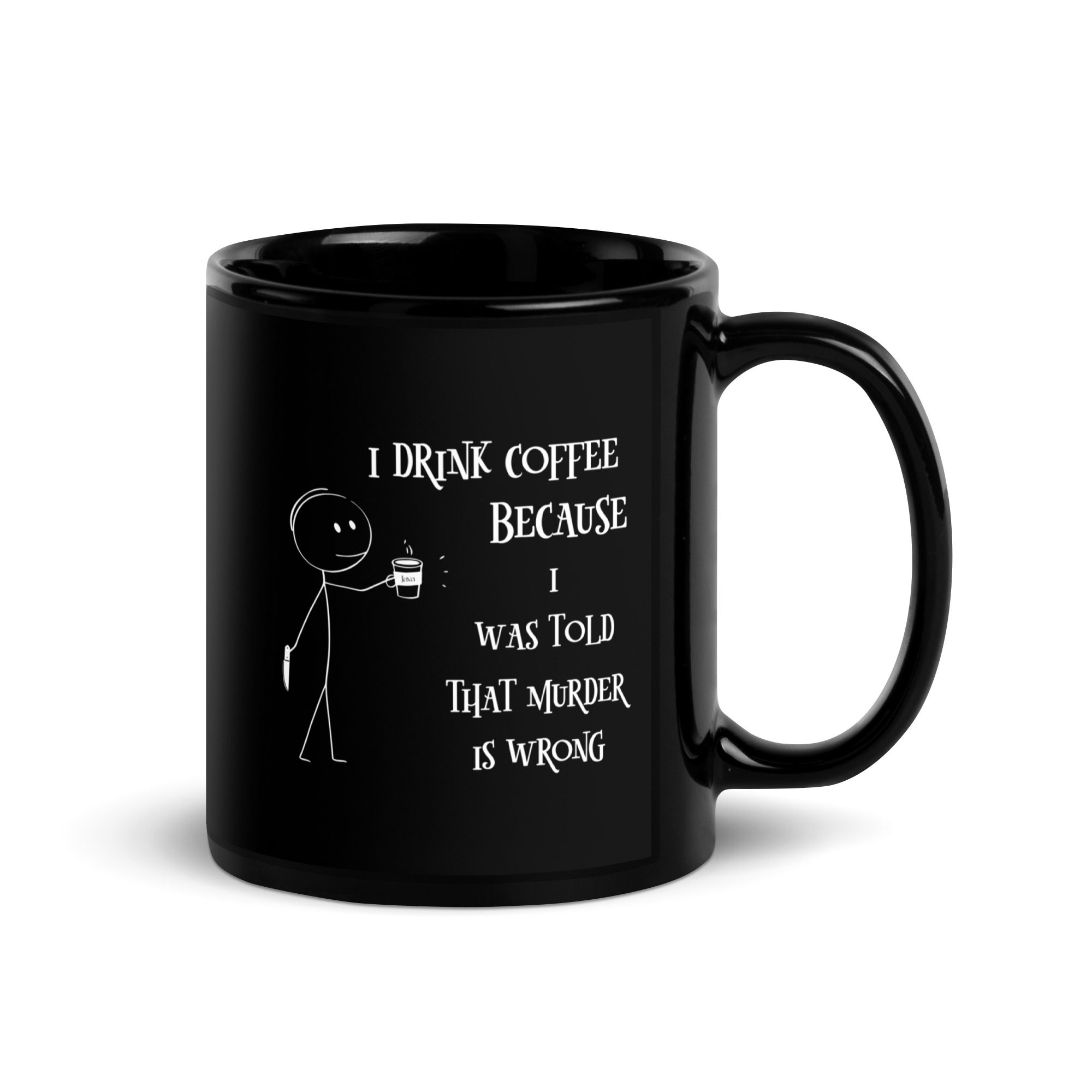 Black glossy mug with stick figure holding a knife image right view