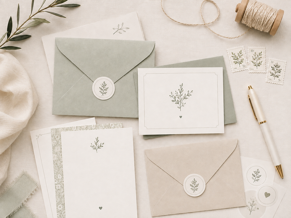 Soft flat lay of sage and cream botanical stationery, envelopes, cards, stamps, twine and pen on textured linen background
