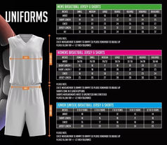 Basketball jersey and shorts size chart for men, women, youth