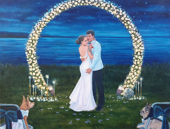 Couple dancing under the stars with the pets painted in watching them