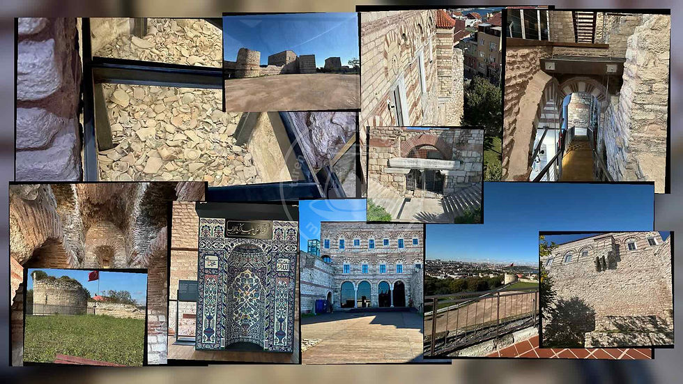 Collage af en gammel stenfæstning med mure, hvælvinger, gårde og blå himmel; enkelte arabiske skilte og mosaikker.