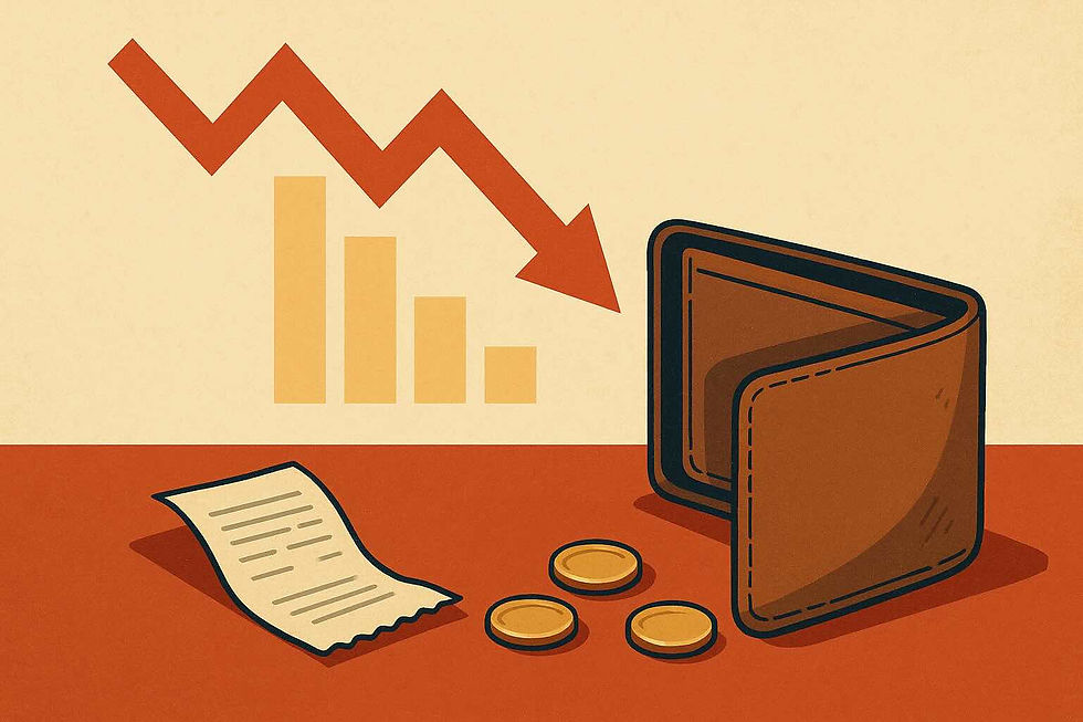 Tegnefilmstil: Brun tegnebog, tre mønter og en kvittering på rød baggrund. Rød pil peger nedad over gule søjlediagrammer, symboliserer økonomisk nedgang.