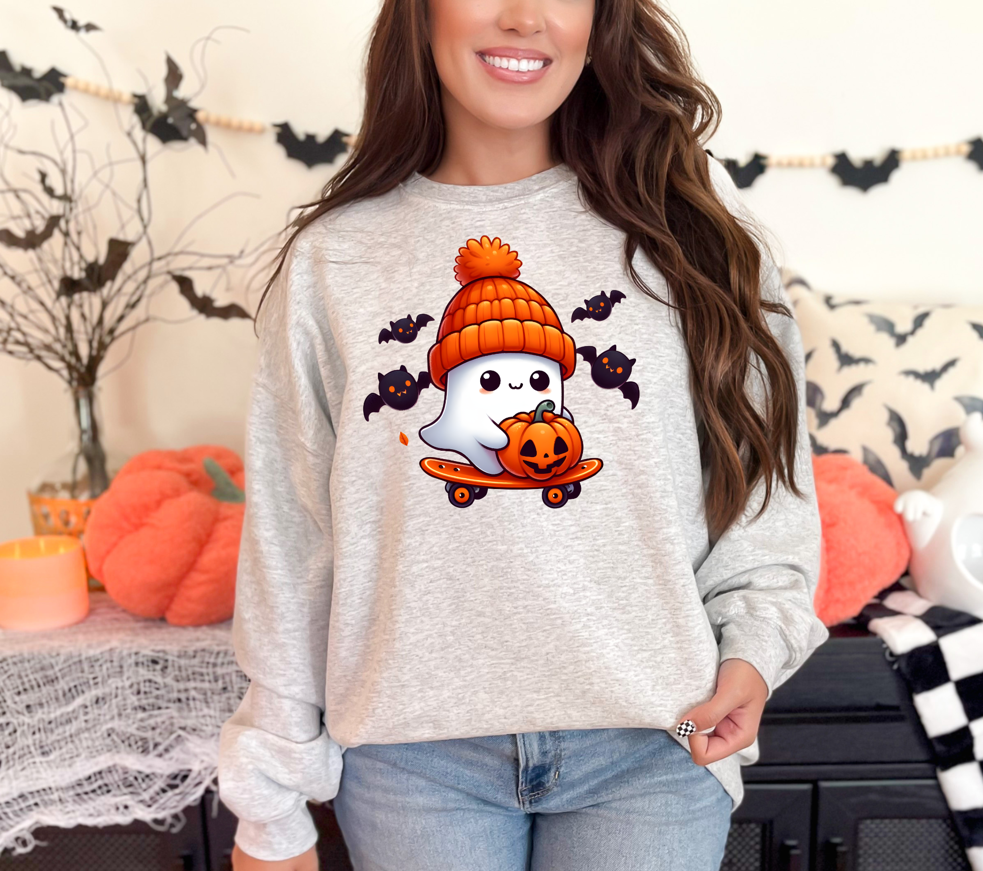 Cute Ghost on Skateboard Fall Ash Crewneck