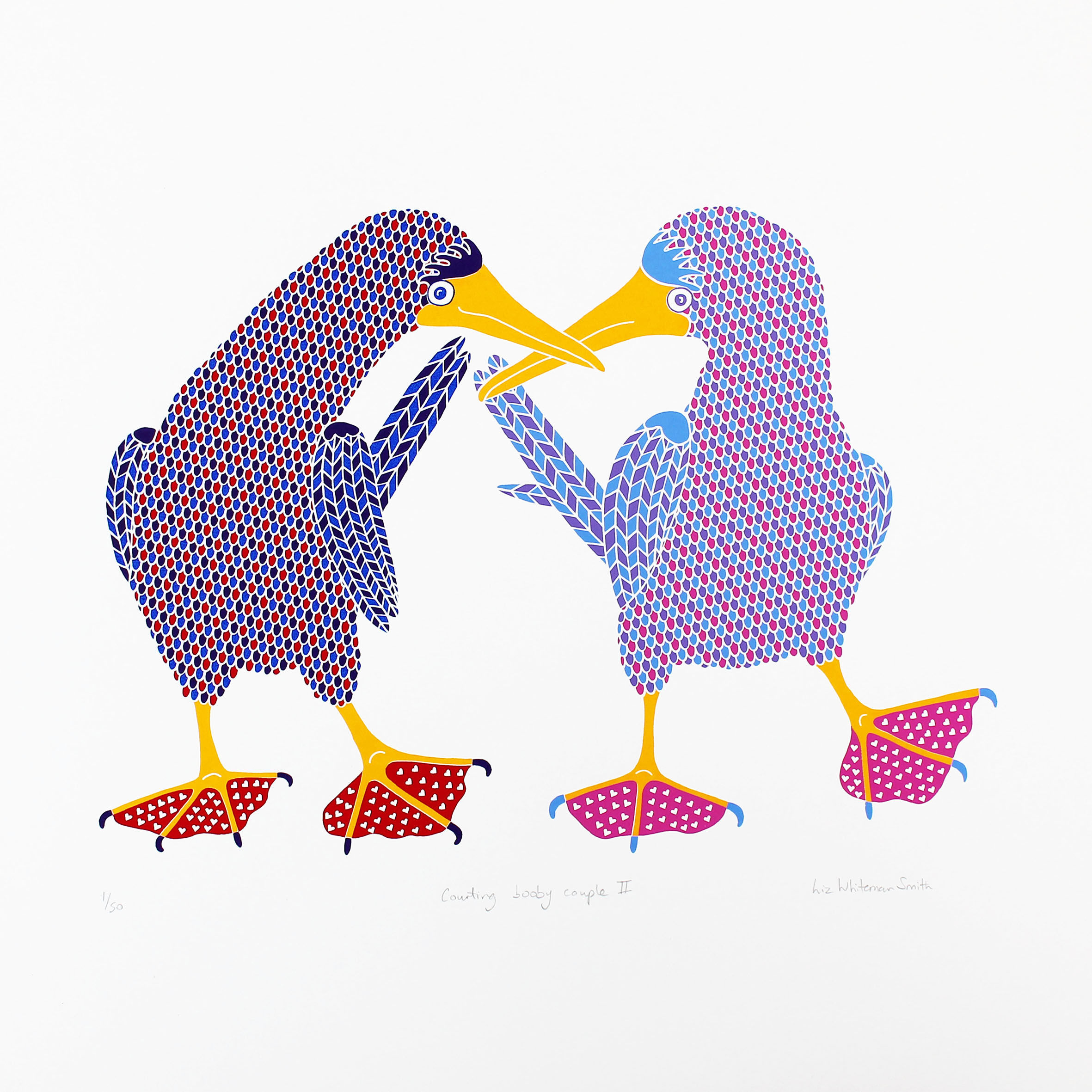 Two colourful patterned dancing booby birds prints