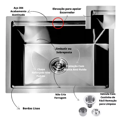 Miniatura: Cuba Inox Support Sobrepor Embutir 75x45 Escorredor Traçado