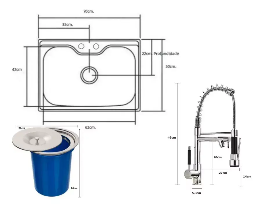 Miniatura: Combo Kit Cuba Inox Gourmet + Dosador + Lixeira 5 Litros + Escorredor + Torneira