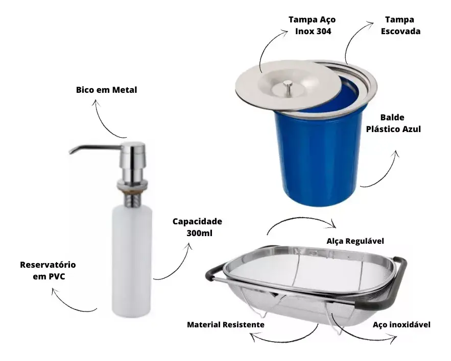 Miniatura: Cuba Inox Gourmet + Dosador + Lixeira 5 Litros + Escorredor