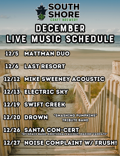 South Shore December live music schedule featuring various bands at oceanside.