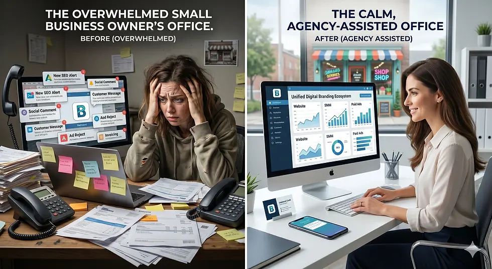 Overwhelmed business owner managing marketing tasks and business operations