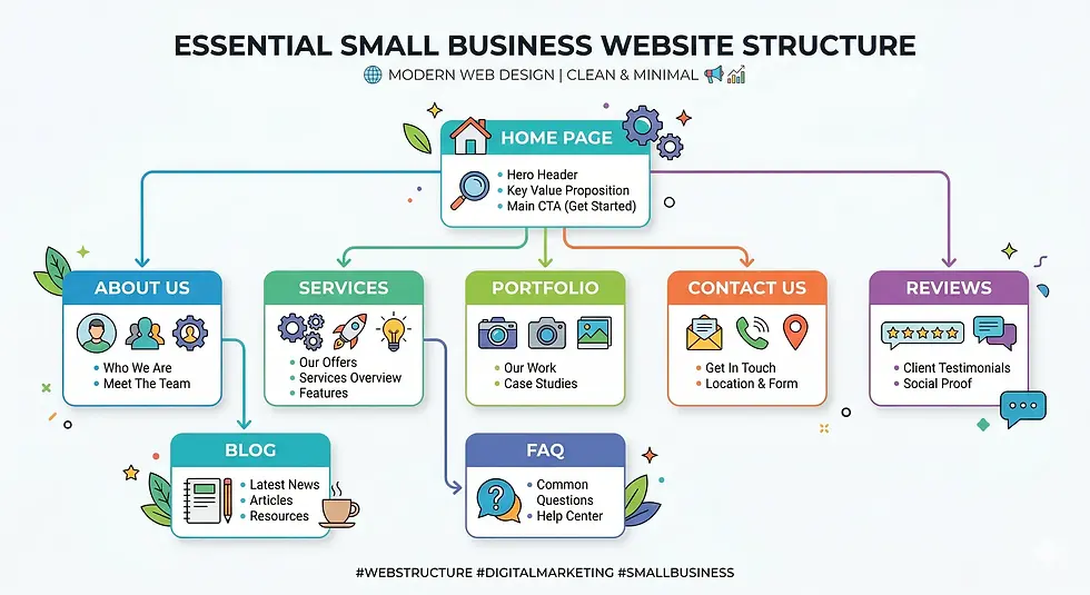 Website structure infographic showing essential pages like Home, About, Services, Contact, Reviews, FAQ, and Blog