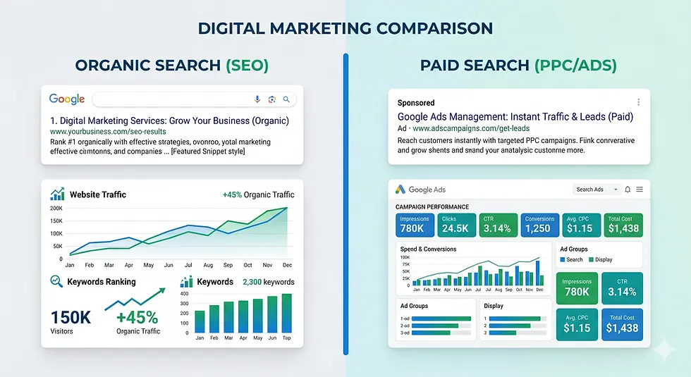 SEO vs paid ads comparison for small businesses showing organic traffic and PPC advertising
