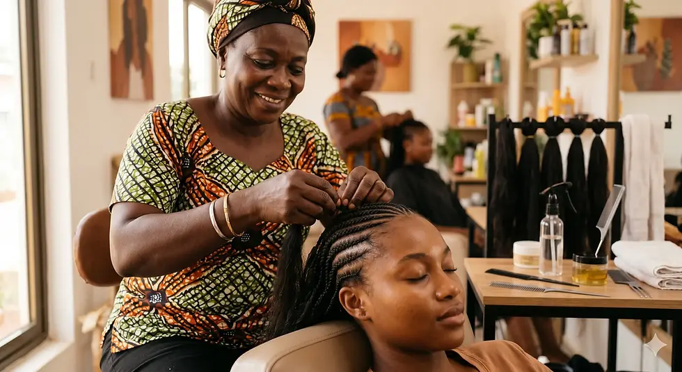Experienced braider Ruthy styling a client’s hair in a clean professional salon