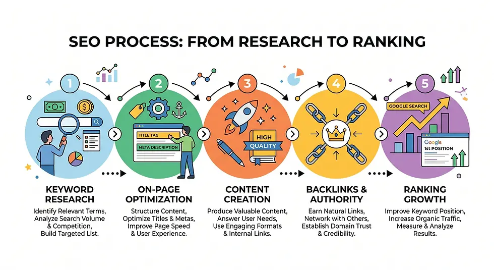 SEO process showing keyword research, content optimization and ranking growth on Google