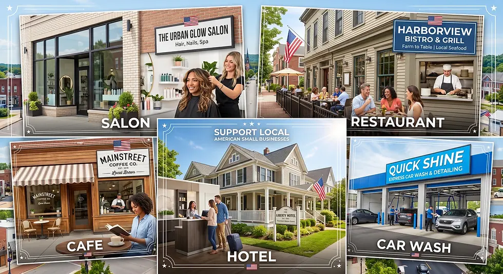 Different types of small local businesses including salon, cafe and restaurant