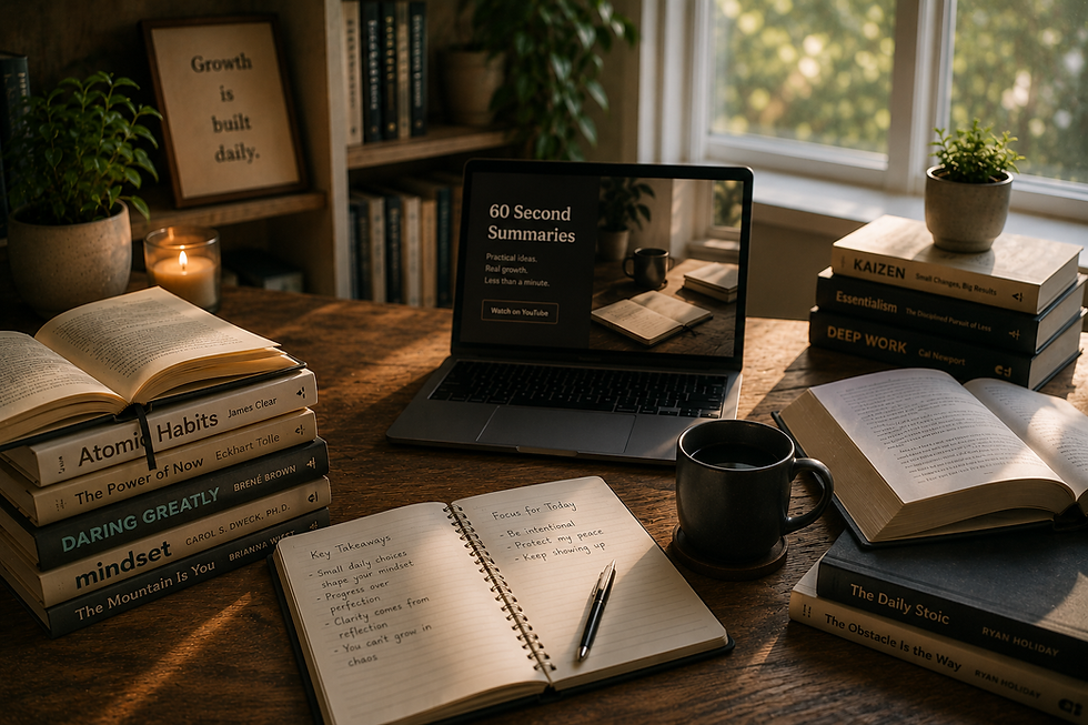 Books, worksheets, and a journal arranged on a desk, representing practical tools for growth and self improvement.